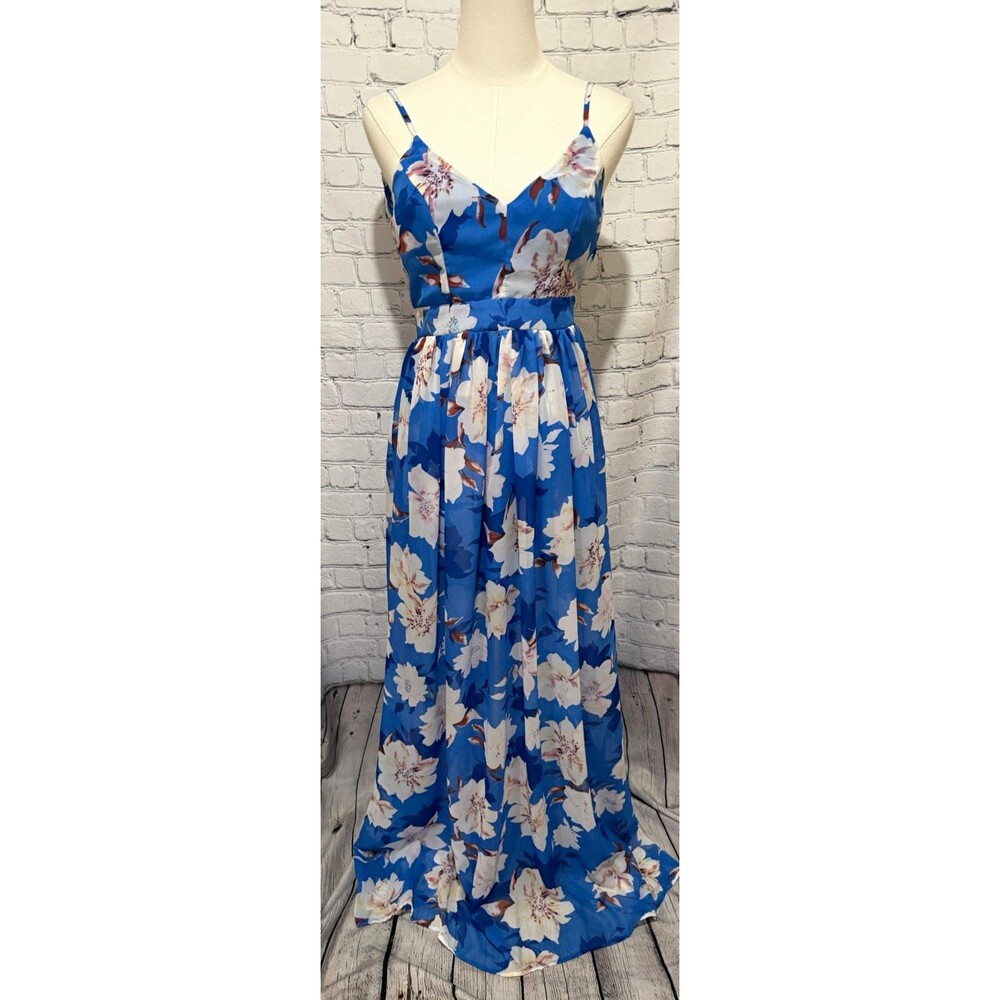 Pink Lily Blue Floral Maxi Dress V-Neck Lined Strappy Sleeveless Small